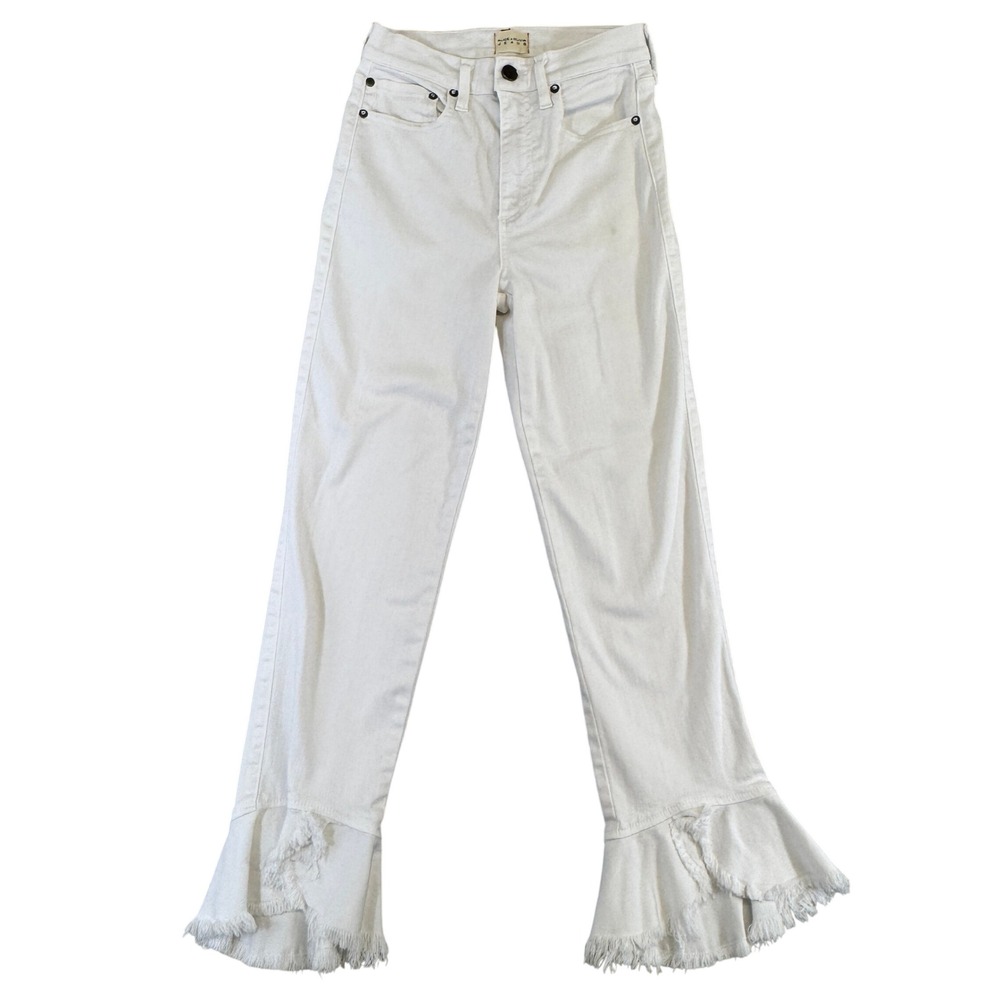 Alice + Olivia White Ruffle Hem Frayed Flare Jeans Size 25 High Rise Bohemian